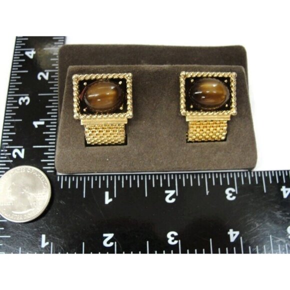 Swank Tiger Eye Cufflinks Mesh Set Gold Tone Wedding Tux Vintage IOB - Picture 7 of 16